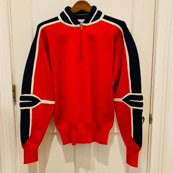 Vintage Meister Sweater Ski Acrylic Wool Blend Blue Navy Red 1/4 Zip Men MEDIUM - Picture 10 of 16